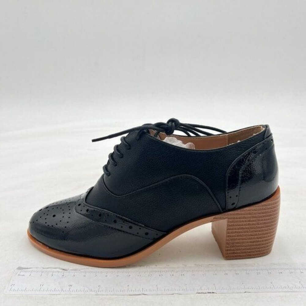 Women's Perforated Lace-Up Oxfords Almond Toe Mid Chunky Heel Brogues Casual Uni